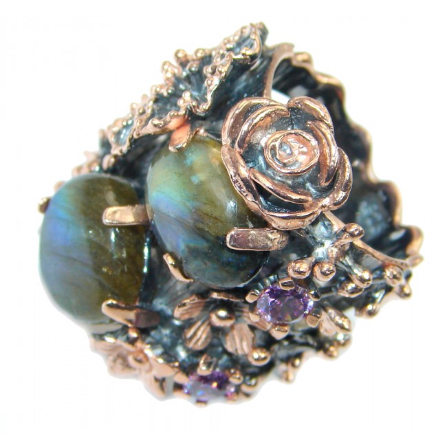 Beautiful Fire Labradorite Rose Gold plated over Sterling Silver Ring size 5 1/2