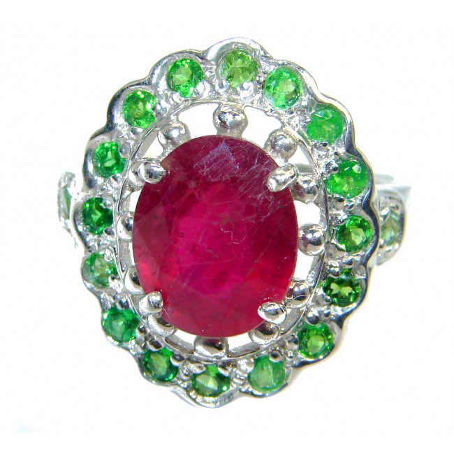 Victorian Style Ruby & Emerald Sterling Silver ring; s. 8 1/4
