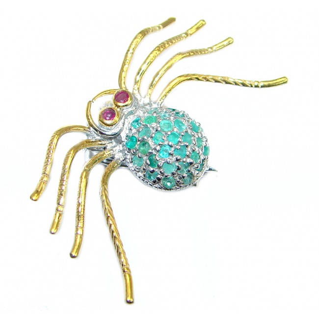 Spider's Web Luxurious Emerald Ruby Sterling Silver handmade Pendant brooch