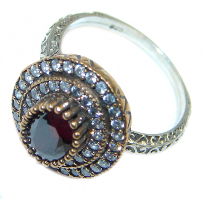 Victorian Style created Ruby & White Topaz Sterling Silver ring; s. 8 1/4