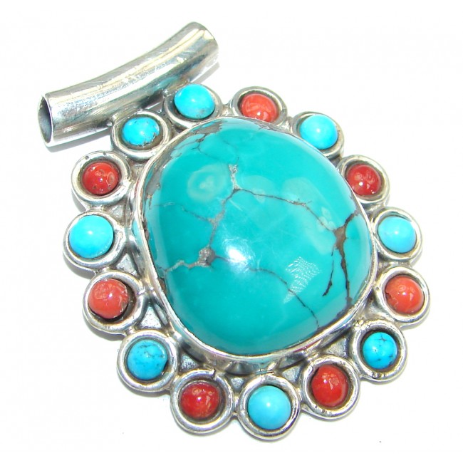Genuine Turquoise Coral Sterling Silver handmade Pendant