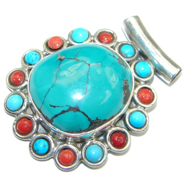 Genuine Turquoise Coral Sterling Silver handmade Pendant