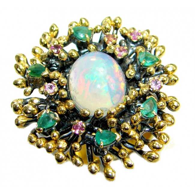 Natural Pink Ethiopian Opal Sapphire Emerald 18ct Gold Rhodium plated over Sterling Silver ring size adjustable