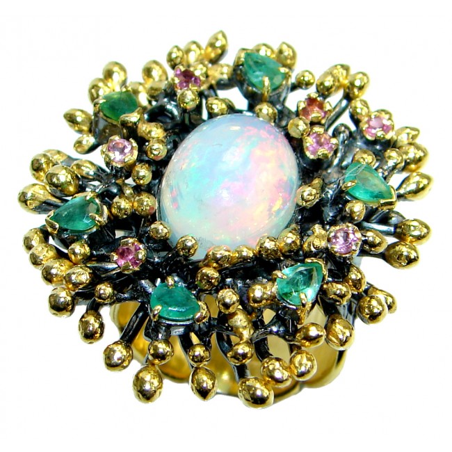 Natural Pink Ethiopian Opal Sapphire Emerald 18ct Gold Rhodium plated over Sterling Silver ring size adjustable