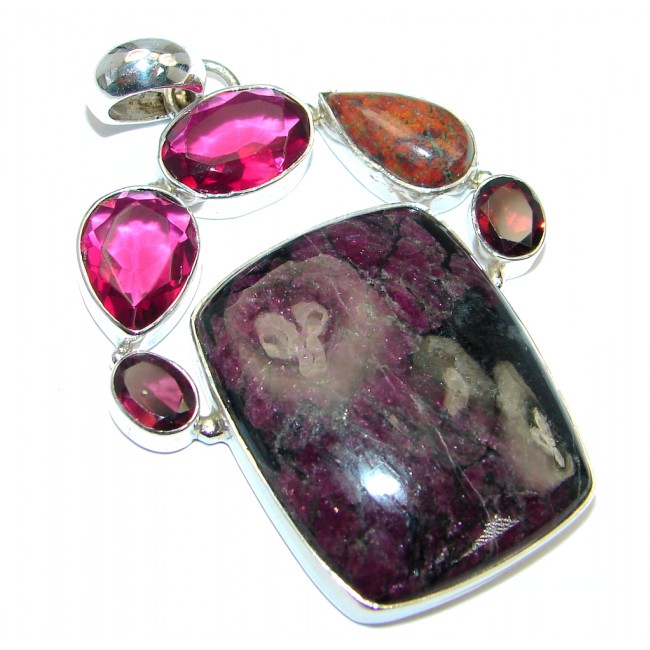 Huge Russian Eudialyte Pink Quartz Sterling Silver handcrafted Pendant