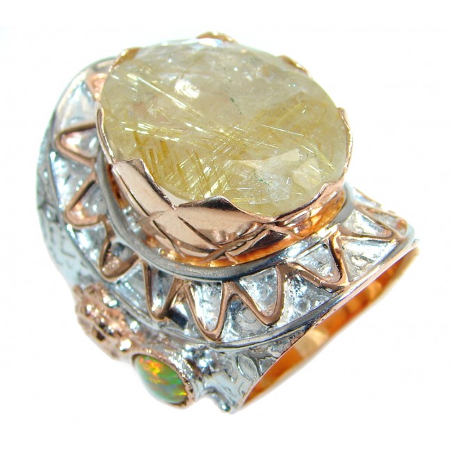 Huge Golden Rutilated Quartz Rose Gold plated over Sterling Silver handmade Ring size 6 3/4
