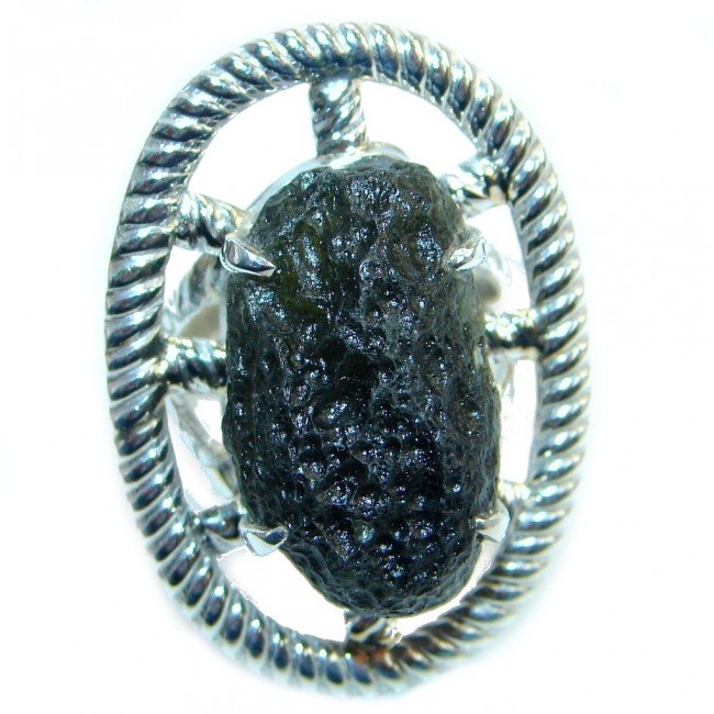 Large Authentic Green Moldavite Sterling Silver Ring size adjustable