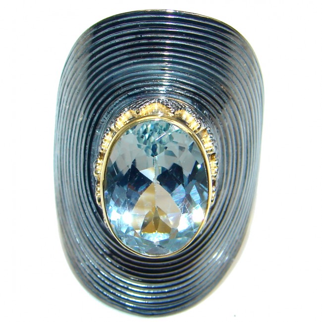 Large Natural Blue Topaz Gold Rhodium plated over Sterling Silver Ring size adjustable