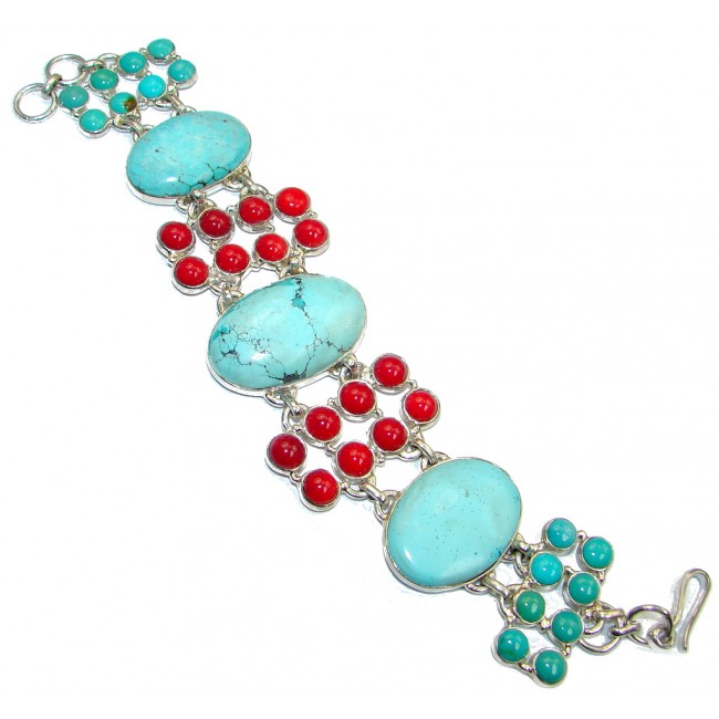 Chunky genuine Turquoise Coral Sterling Silver handmade Bracelet