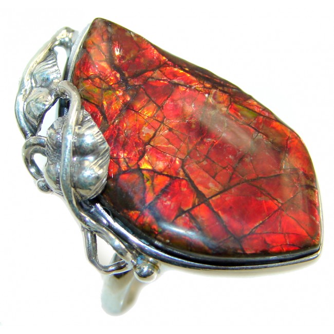 Authentic Canadian Red Fire Ammolite Sterling Silver ring size adjustable