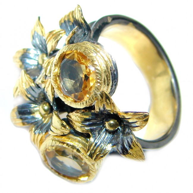 Floral Design Natural Citrine Gold plated over Sterling Silver handmade ring size 8
