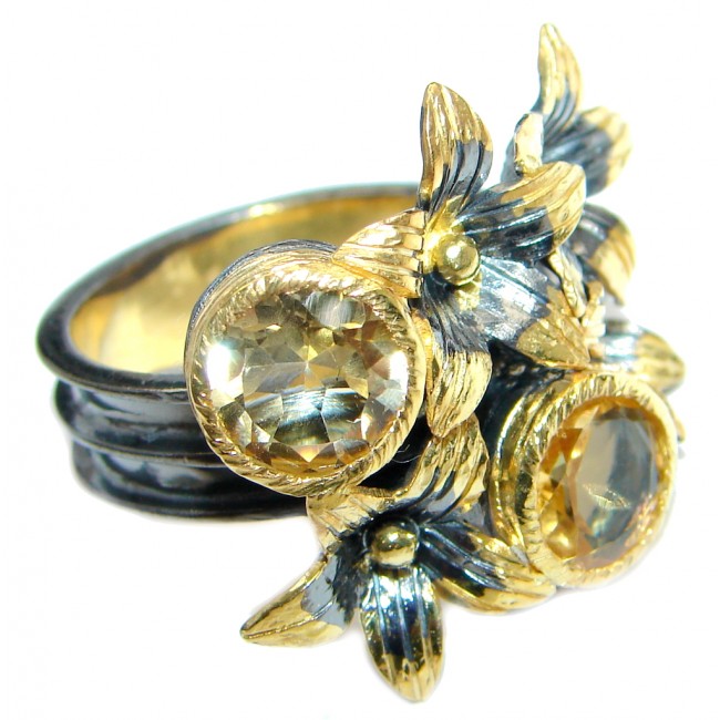 Floral Design Natural Citrine Gold plated over Sterling Silver handmade ring size 8