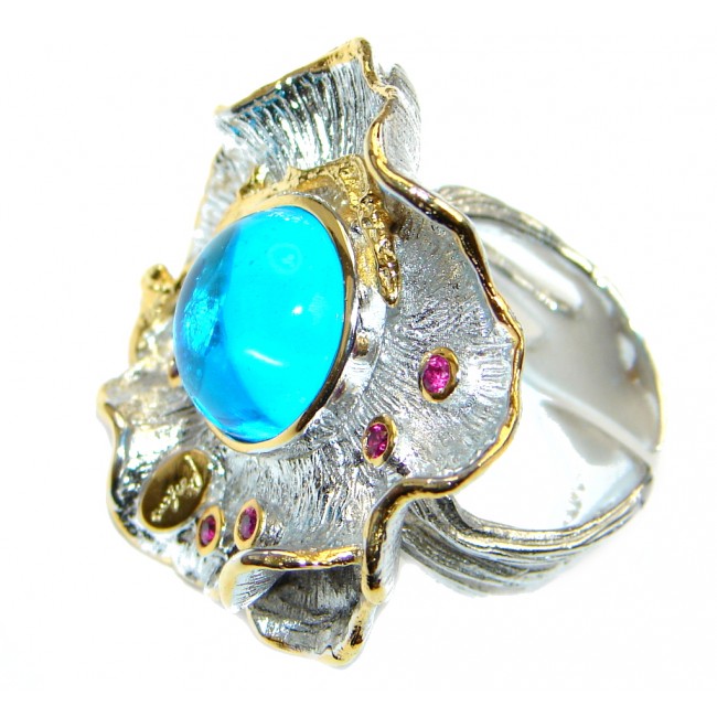 Large Caribbean Sea Blue Topaz Gold Plated Sterling Silver Ring s. 7