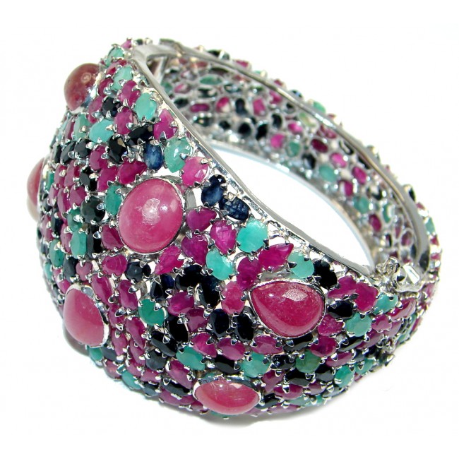 Massive Special Item Multi Colors genuine Ruby Emerald Sapphire 925 Sterling Silver Bangle
