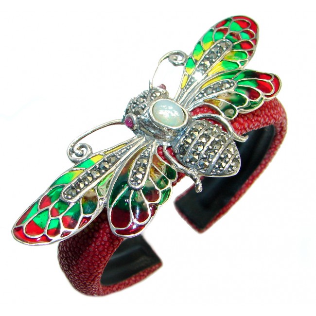 Fabulous Natural Fire Opal Marcasite Ruby 925 Silver Stingray Leather Bee Cuff