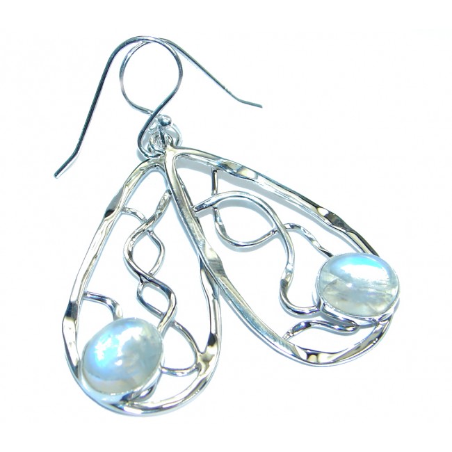 Modern Design White Moonstone hammered Sterling Silver earrings