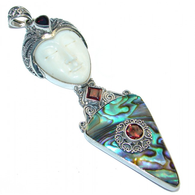 Natural Rainbow Abalone Carved Ox Bone Garnet Sterling Silver Pendant