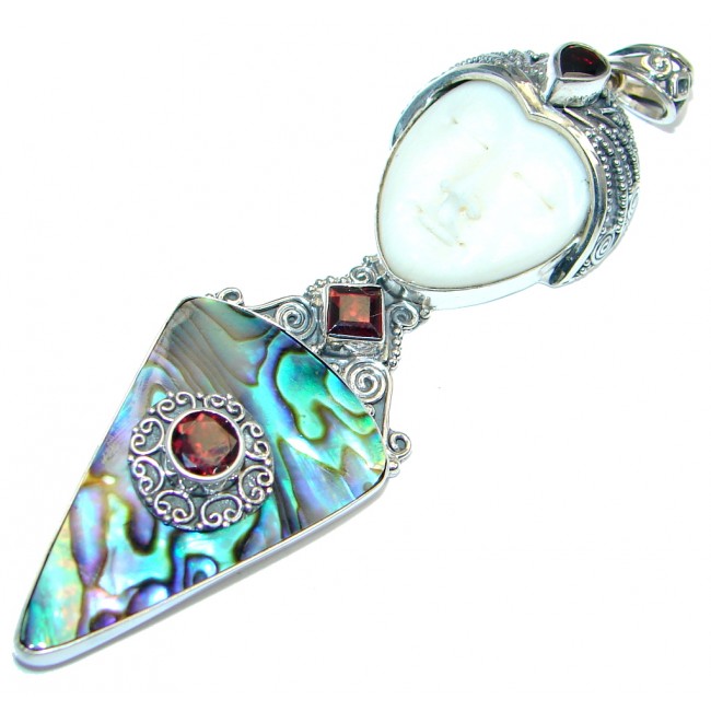 Natural Rainbow Abalone Carved Ox Bone Garnet Sterling Silver Pendant