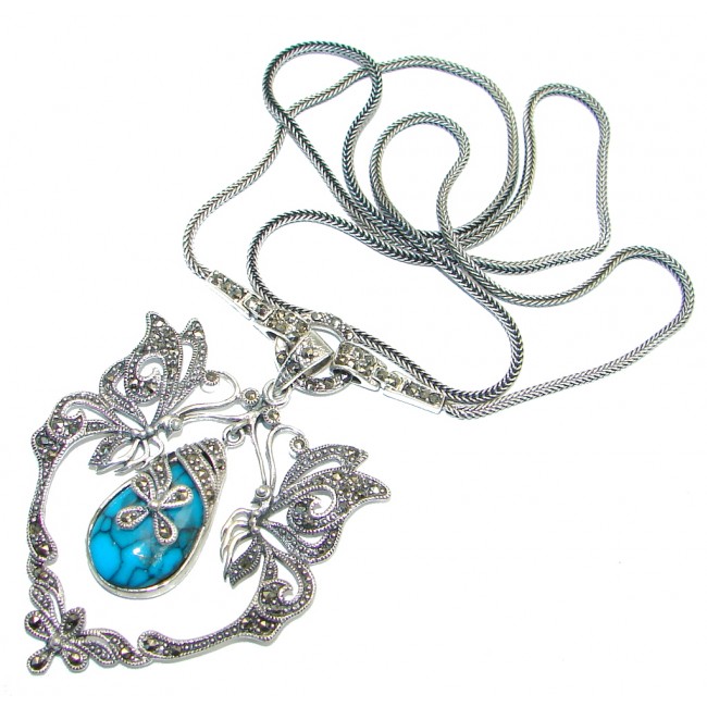 Gorgeous Natural Blue Turquoise Marcasite 925 Sterling Silver 24 inch Necklace