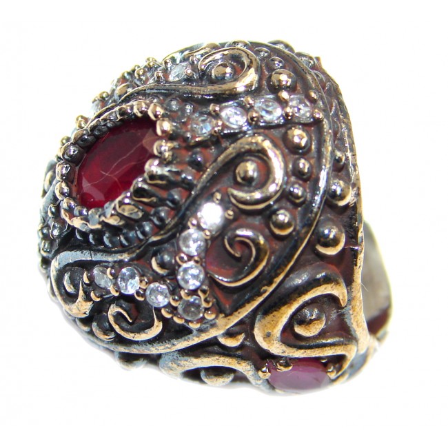 Large Victorian Style created Ruby & White Topaz Sterling Silver ring; s. 7 3/4
