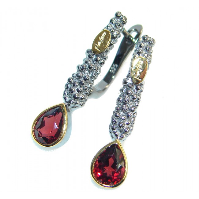 Stunning Mozambique Red Garnet Two Tones Sterling Silver Earrings