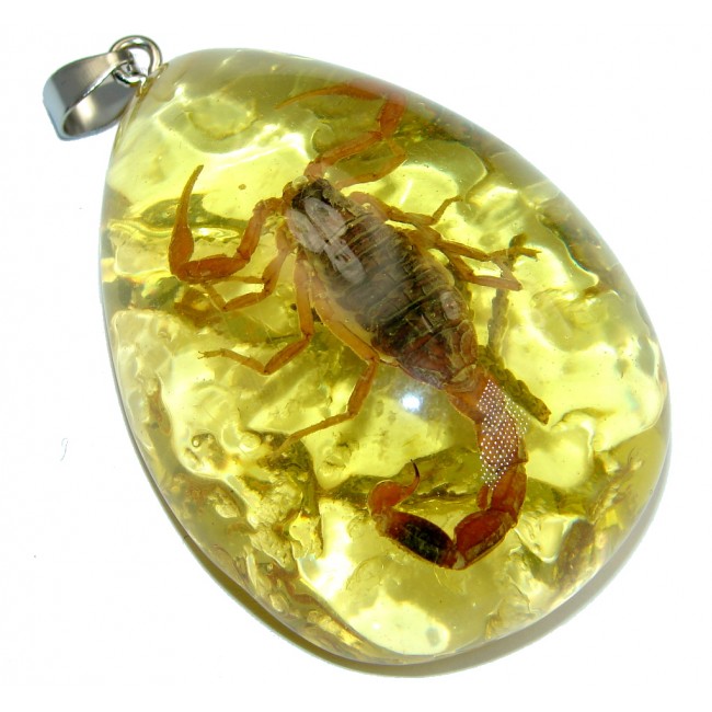 Large created Copal with genuine Scorpio Inclusion Sterling Silver Pendant