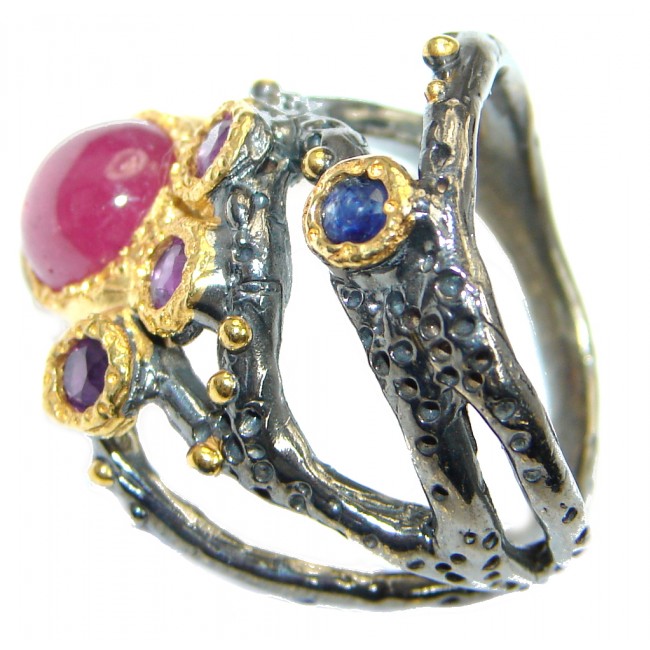 Unique design genuine Ruby Gold plated over Sterling Silver ring; s. 7