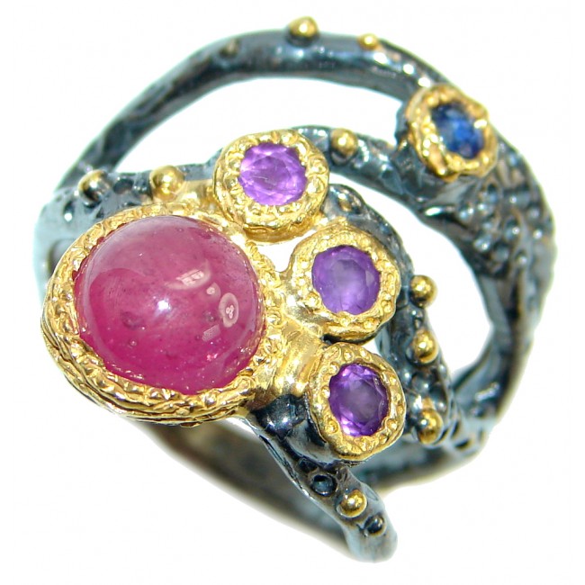 Unique design genuine Ruby Gold plated over Sterling Silver ring; s. 7