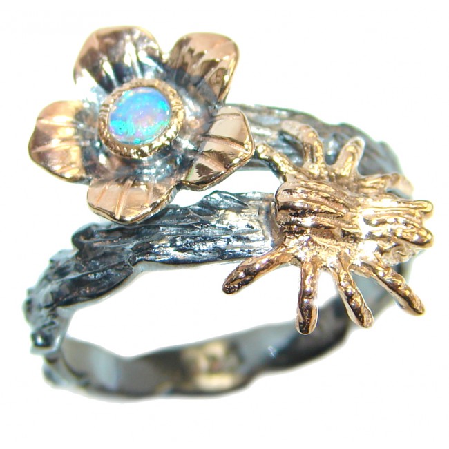 Mexican Fire Opal Rose Gold over Oxidized Sterling Silver handmade Ring size 7 3/4