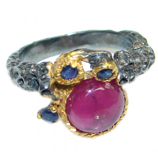 Unique design genuine Ruby Gold plated over Sterling Silver handmade ring; s. 8