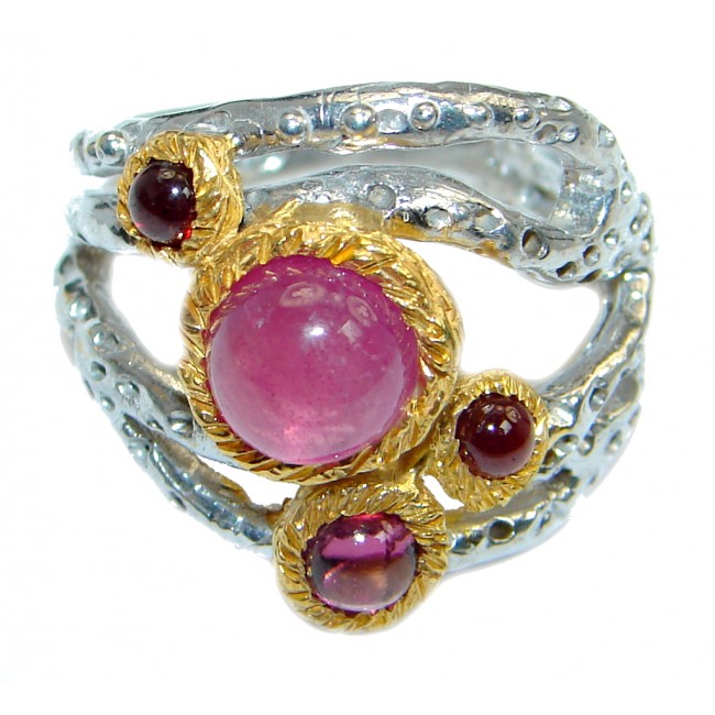 Unique design genuine Ruby Gold plated over Sterling Silver handmade ring; s. 7 1/4