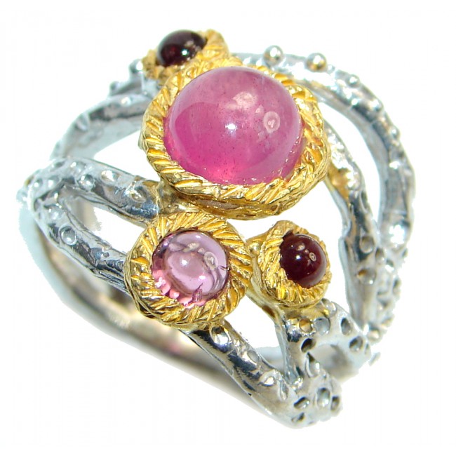 Unique design genuine Ruby Gold plated over Sterling Silver handmade ring; s. 7 1/4