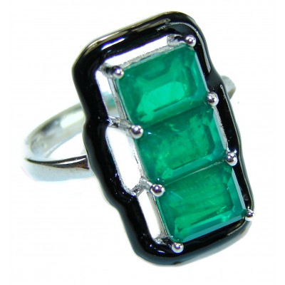 Very Unique Emerald black enamel .925 Sterling Silver handmade Ring size 7