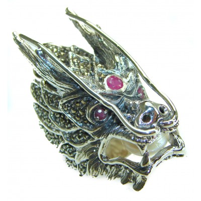 Large 36.8 grams Marcasite Pearl Dragon's Head oxidized . 925 Sterling Silver Ring s. 7 1/4