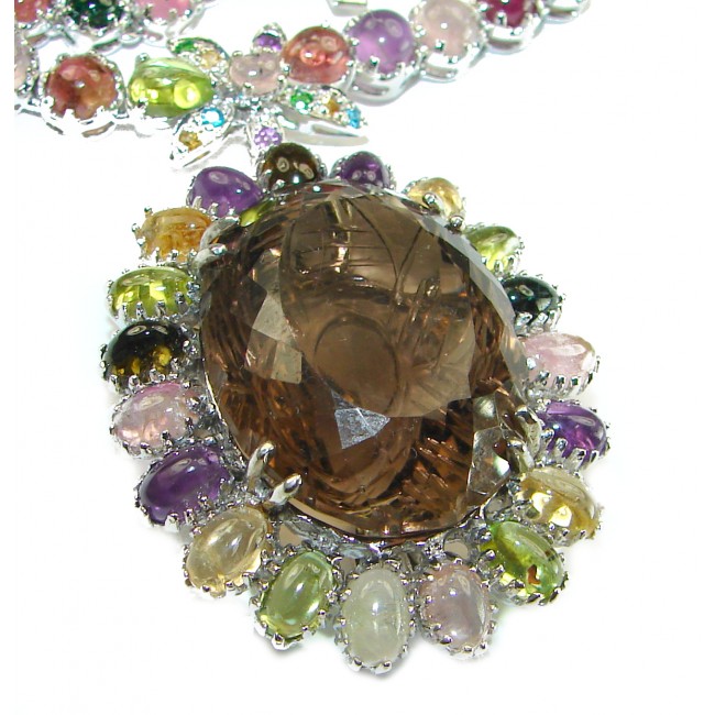 Outstanding carved Smoky Topaz .925 Sterling Silver handcrafted Statement necklace