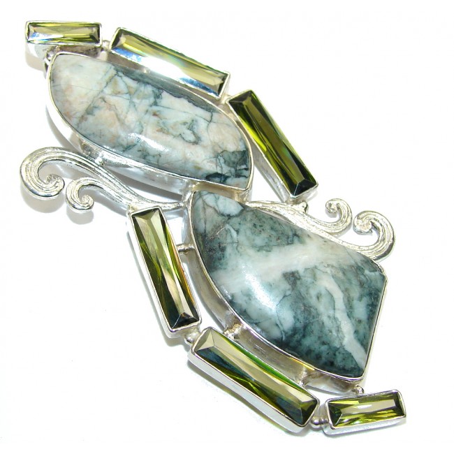Large! Fantastic Green Moss Agate Sterling Silver Pendant