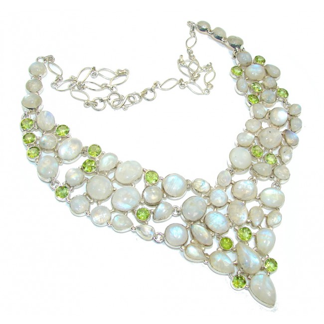 Chunky Snow Queen White Fire Moonstone & Peridot Sterling Silver necklace