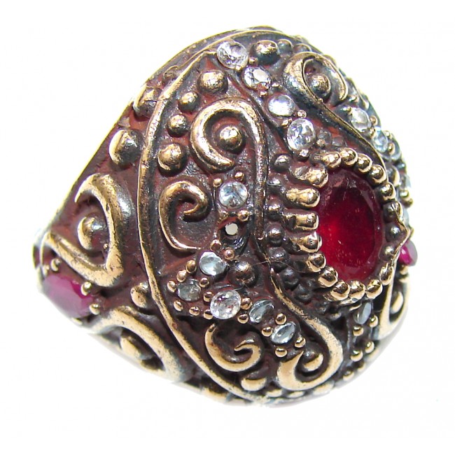 Victorian Style! Red Ruby & White Topaz Sterling Silver Ring s. 6 1/4