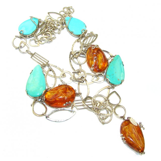 Long! 44 inches Outstanding Genuine Amber & Sleeping Beauty Turquoise Sterling Silver necklace