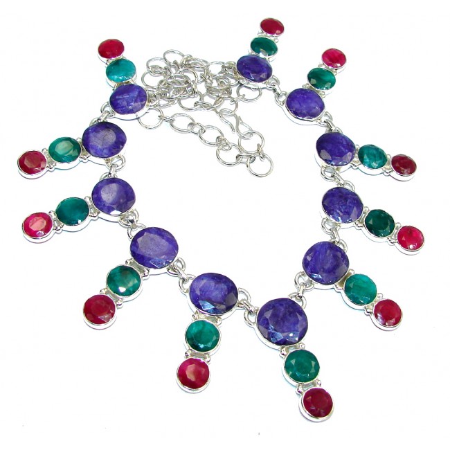 Fabulous Emerald, Ruby, Sapphire Sterling Silver necklace