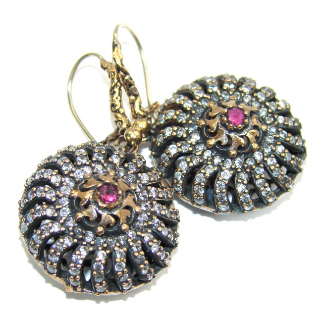 Victorian Style! Pink Ruby & White Topaz Sterling Silver earrings