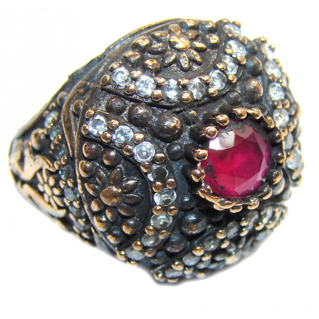 Victorian Style Ruby & White Topaz Sterling Silver Ring s. 6