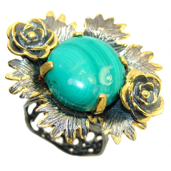 Big! Stunning Green Malachite, Gold Plated, Rhodium Plated Sterling Silver ring s. 8