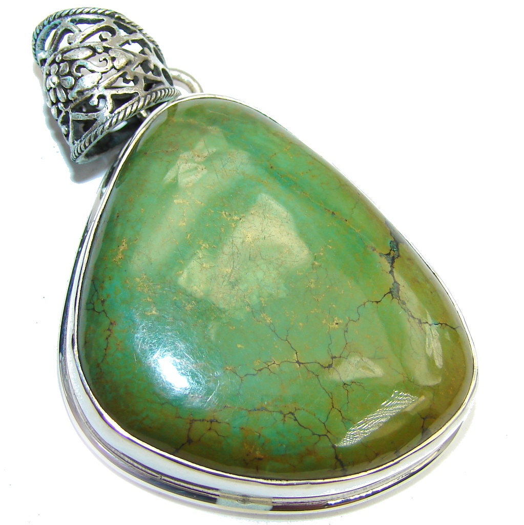 Large! Carico Lake Lime Green Turquoise Sterling Silver Pendant - 34