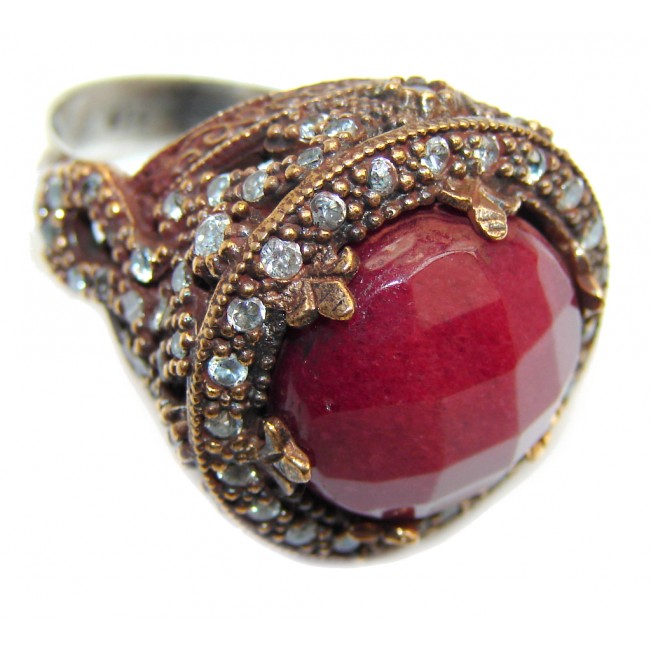 Huge Victorian Style created Ruby & White Topaz Sterling Silver ring; s. 8