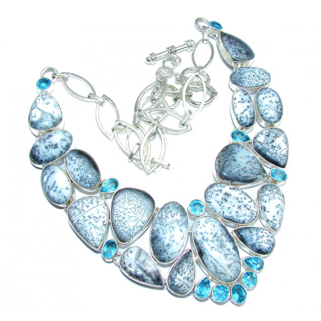 Oversized! Amazing Beauty Dendritic Agate & Blue Topaz Sterling Silver necklace