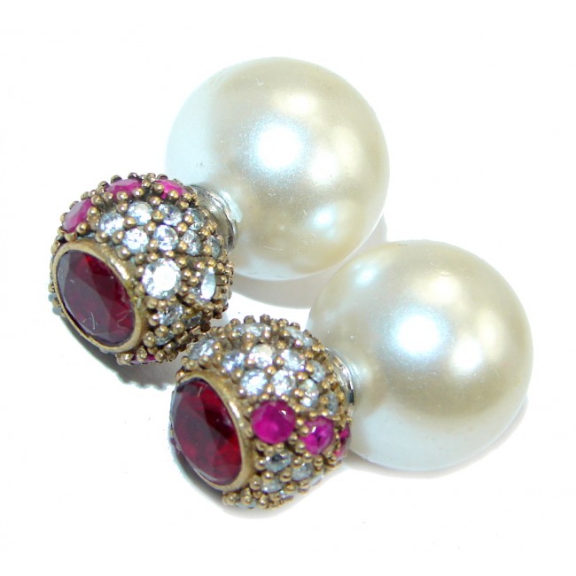 Victorian Style Fresh Water Pearl Ruby Sterling Silver earrings