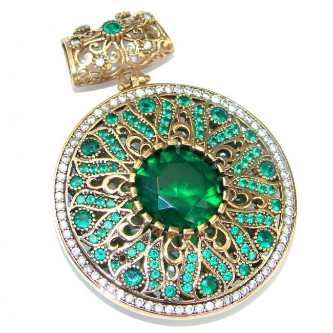 Victorian Style created Emerald Two tones Sterling Silver Pendant