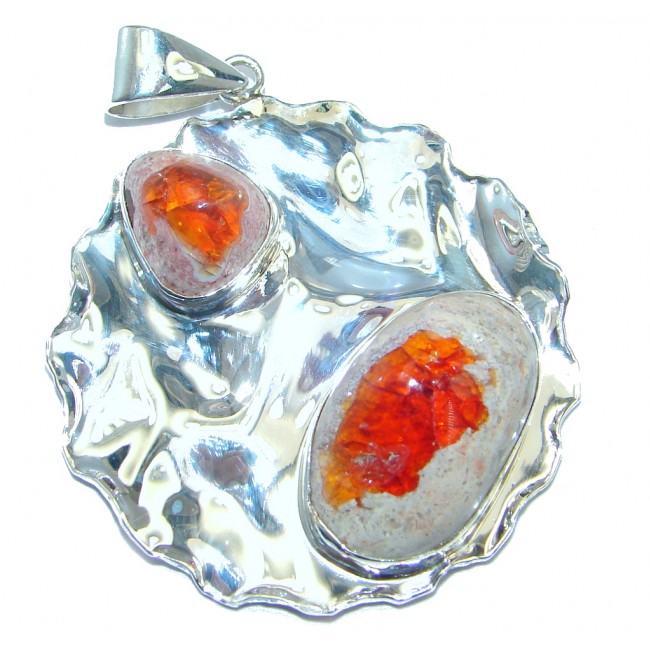 Authentic Mexican Fire Opal Hammered Sterling Silver handmade Pendant