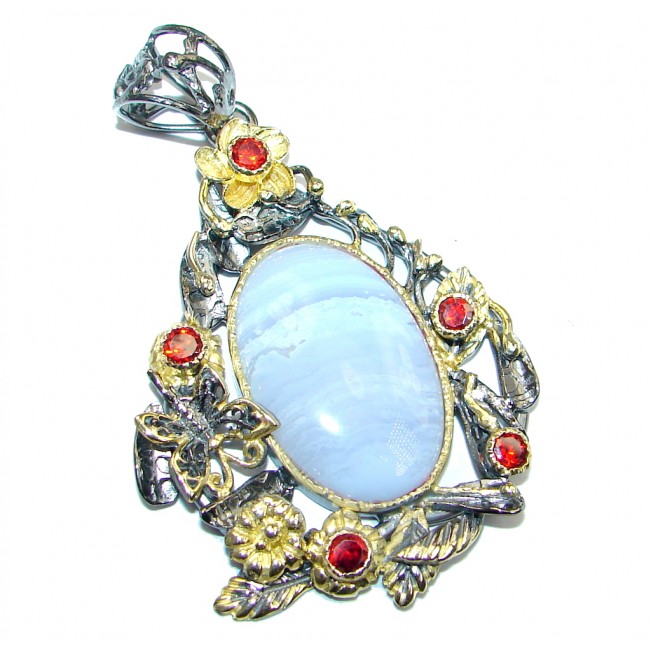 Perfect Light Blue Lace Agate Garnet Gold plated over Sterling Silver Pendant